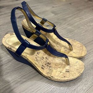 Chaps Navy and Tan Wedge Sandals